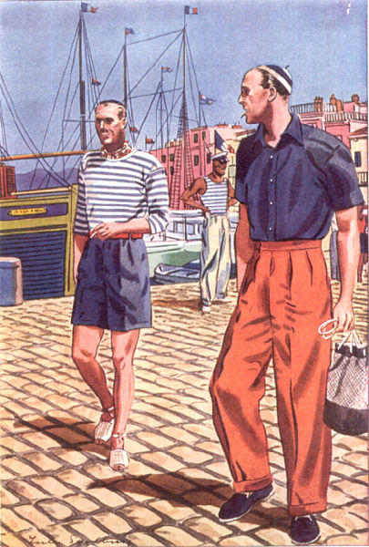 Quelques tenues portuaires : à gauche une marinière portée avec un bermuda et un foulard, à droite un pantalon taille haute avec chemisette marine, qui aurait aussi bien pu être un t-shirt actuellement, et espadrilles. Notez également le marcel en fond. Source : Apparel Arts
