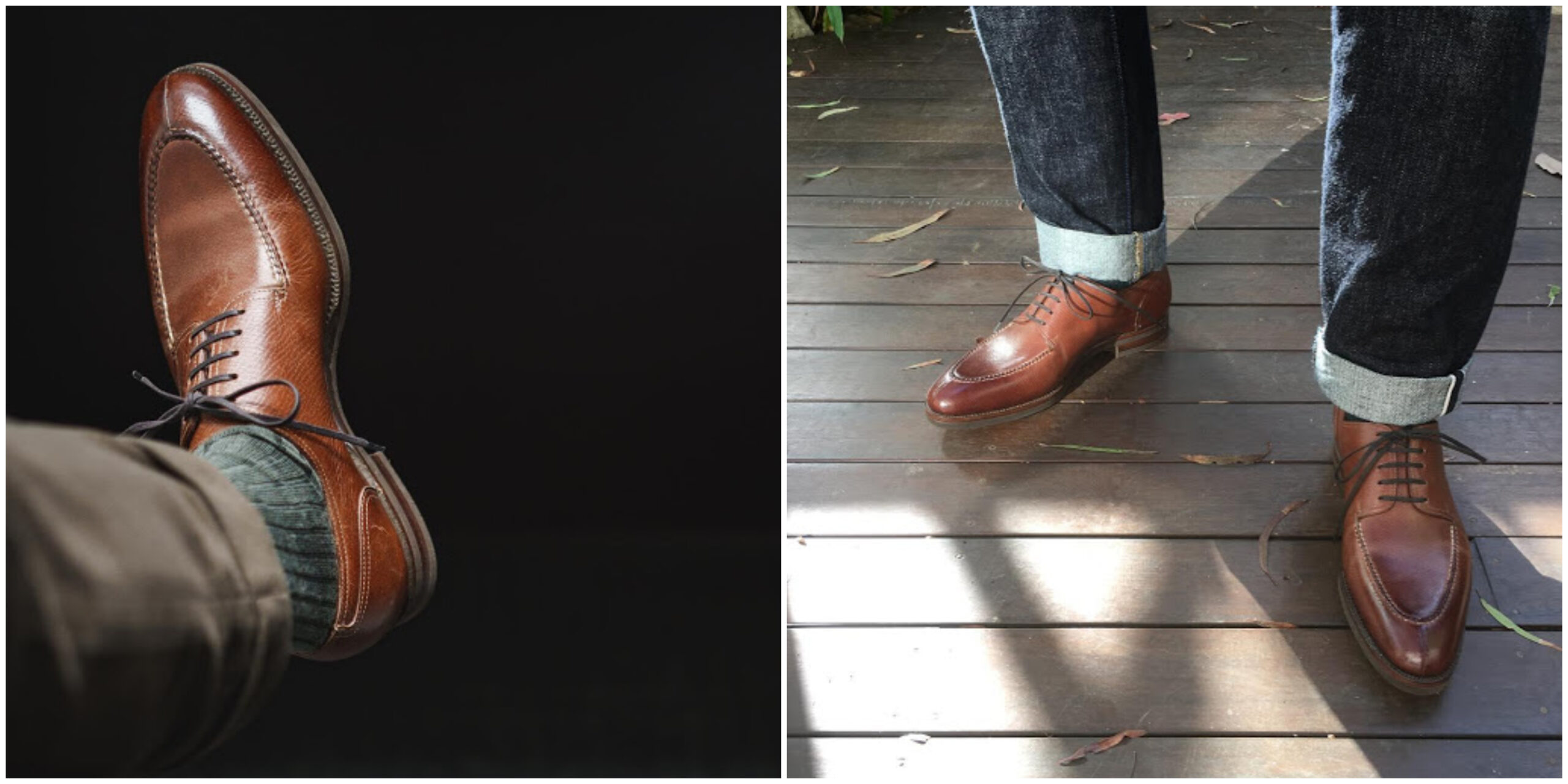 Les derbies marron foncé incarnent le soulier polyvalent par excellence. Elles se porteront aussi bien avec un pantalon habillé qu’avec un chino ou un jean à condition toutefois que sa coupe ne soit pas calquée sur celle d’un legging. Ici un demi-chasse de chez Zonkey Boot. Sources : @burzanblog (gauche), @gongdrew (droite).