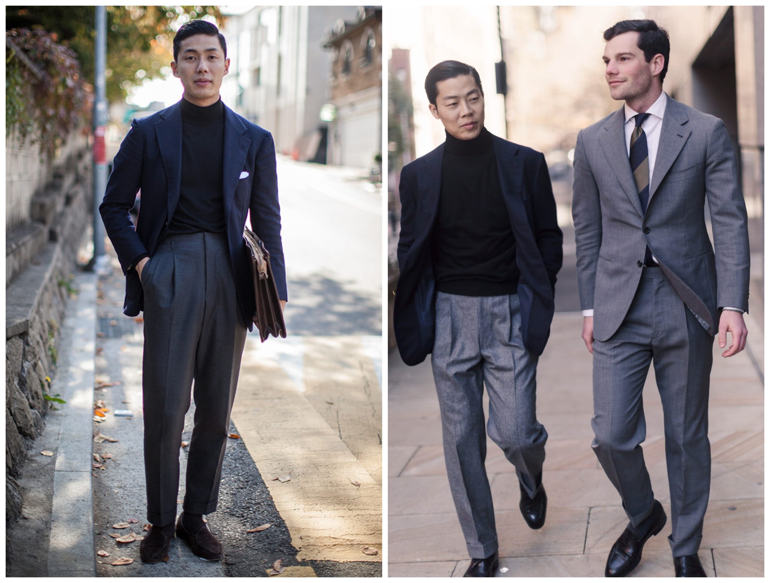 Paradoxalement, s’il faut éviter de porter une veste proche du pantalon, accentuer la confusion visuelle avec un col roulé permet un résultat harmonieux car la veste et le col roulé forment un bloc uni qui contraste assez avec le bas (bien mieux que si une chemise était présente car la couleur clair de la chemise aurait renforcé par contraste la teinte foncée de la veste et du pantalon).
