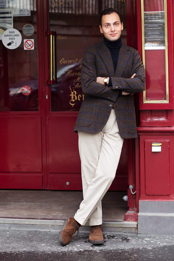 stephane-buttice-veste-twed-sartoria-ripense-pantalon-blanc-boots-sanders-beige-habilleur