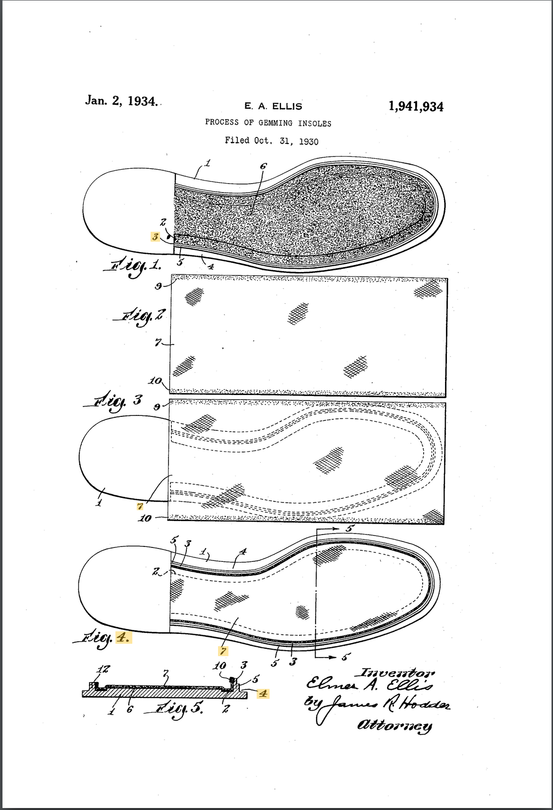 Illustration de l’un des brevets portant sur la pratique du gemming. La première image présente le mur gravé, la seconde le morceau de tissu qui va servir à l’entoilage, la troisième présente la superposition des deux et enfin la dernière présente le résultat une fois l’excès de tissu enlevé. (Source : googlepatent)