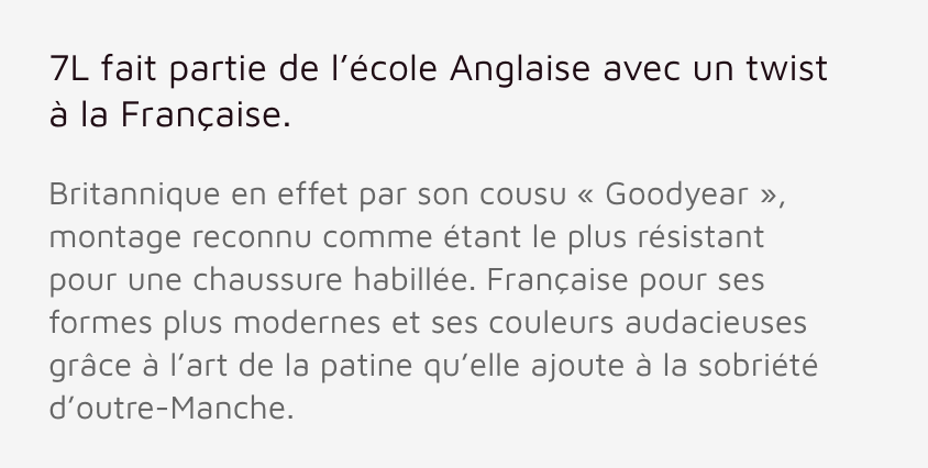 “Le montage Goodyear reconnu comme étant le plus résistant pour une chaussure habillée”. Les bottiers en sueur, ils viennent d’apprendre de la bouche de Marcos que leur cousu trépointe c’est de la merde. (soure: septièmelargeur)
