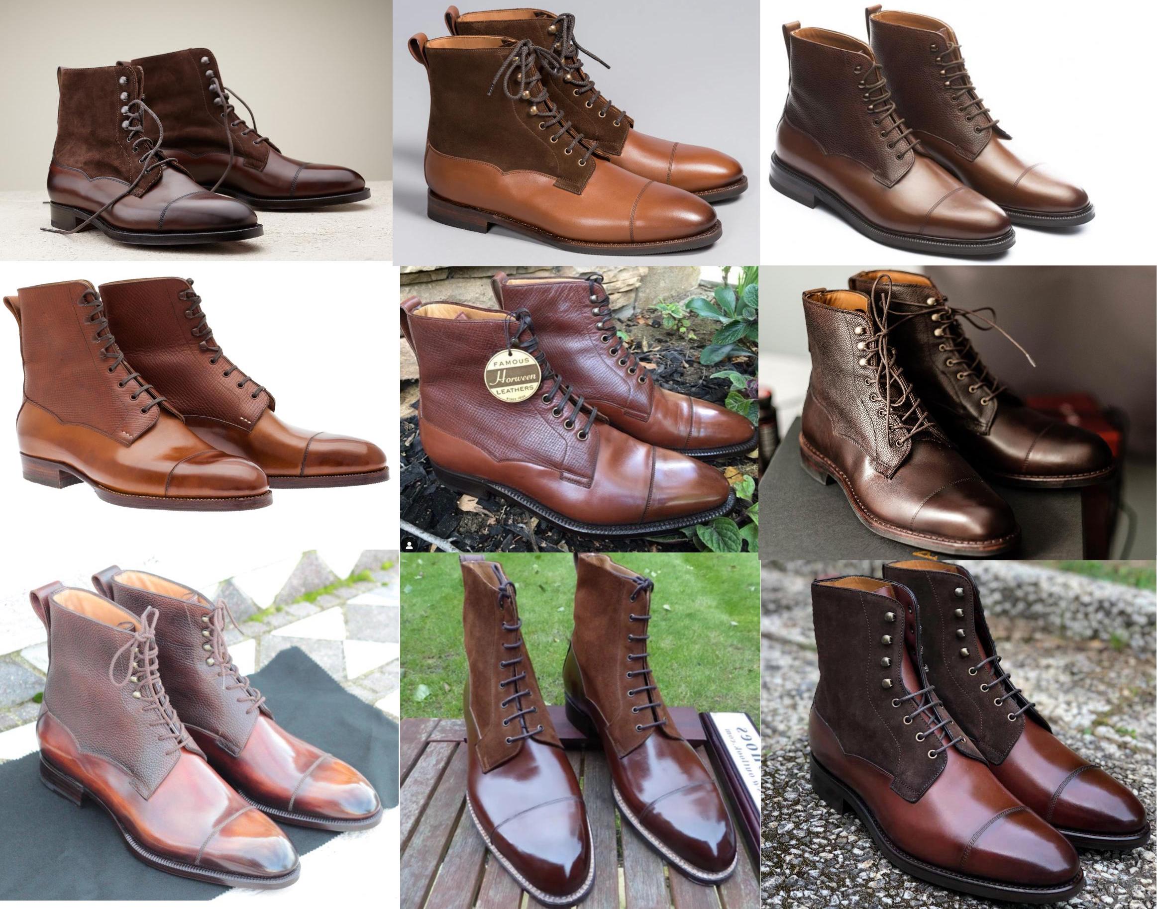 Vous ne me croyez pas? Vraiment? De gauche à droite et de haut en bas vous avez : Edward Green Galway, Lof & Tung Kingsley, Meermin 101518, Saint Crispin Mod 620, Enzo Bonafe Shell, Allen Edmond Sullivan St, Meccariello Evocatus, Vass Valway, Carlos Santos Field Boots. Les prix vont approximativement de 200 à 1500 euros. Mention spéciale au nom trouvé par Vass pour leur paire. Ils changent une lettre, à croire qu’ils aiment bien troller. (source: reddit)