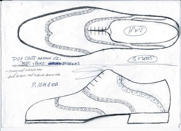 Un croquis qui sert à déterminer l’aspect général de la chaussure. (source : shoesnob)
