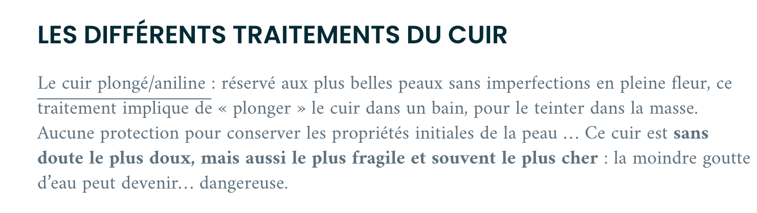 L’élite des chercheurs, les champions du rapport qualité/prix, l’oracle bref ceux qui savent… ne savent pas si bien que ça en fait. Un cuir plongé n’est pas la même chose qu’un cuir aniline. Les deux sont bels et bien teintés dans la masse (comme le cuir semi-aniline) mais le plongé est sans finition, l’aniline reçoit une finition non pigmentée. (source: bonnegueule)
