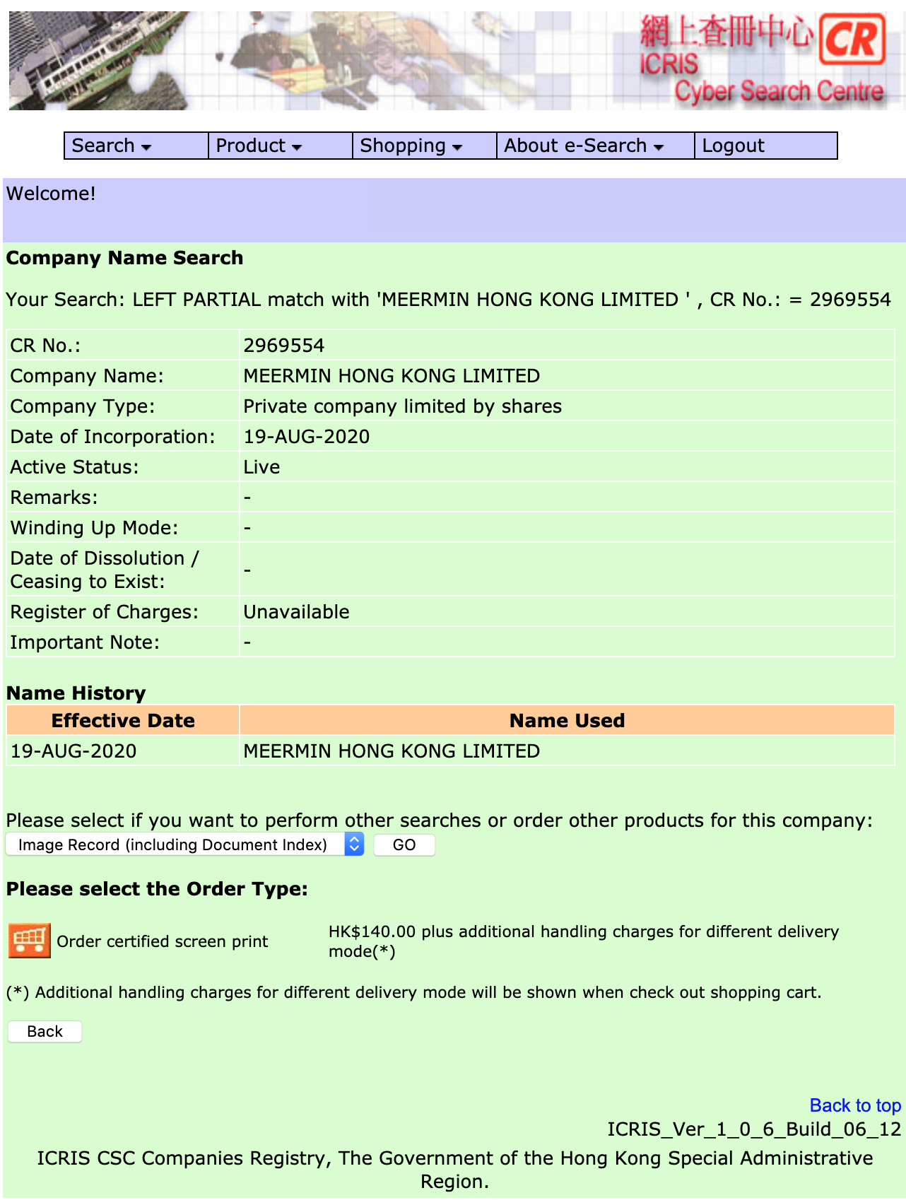 La nouvelle entité commerciale de Meermin enregistrée à HK en pleine crise du virus Chinois. Comme quoi le business n’est pas mauvais pour tous. (Source : Companies Registry HK)
