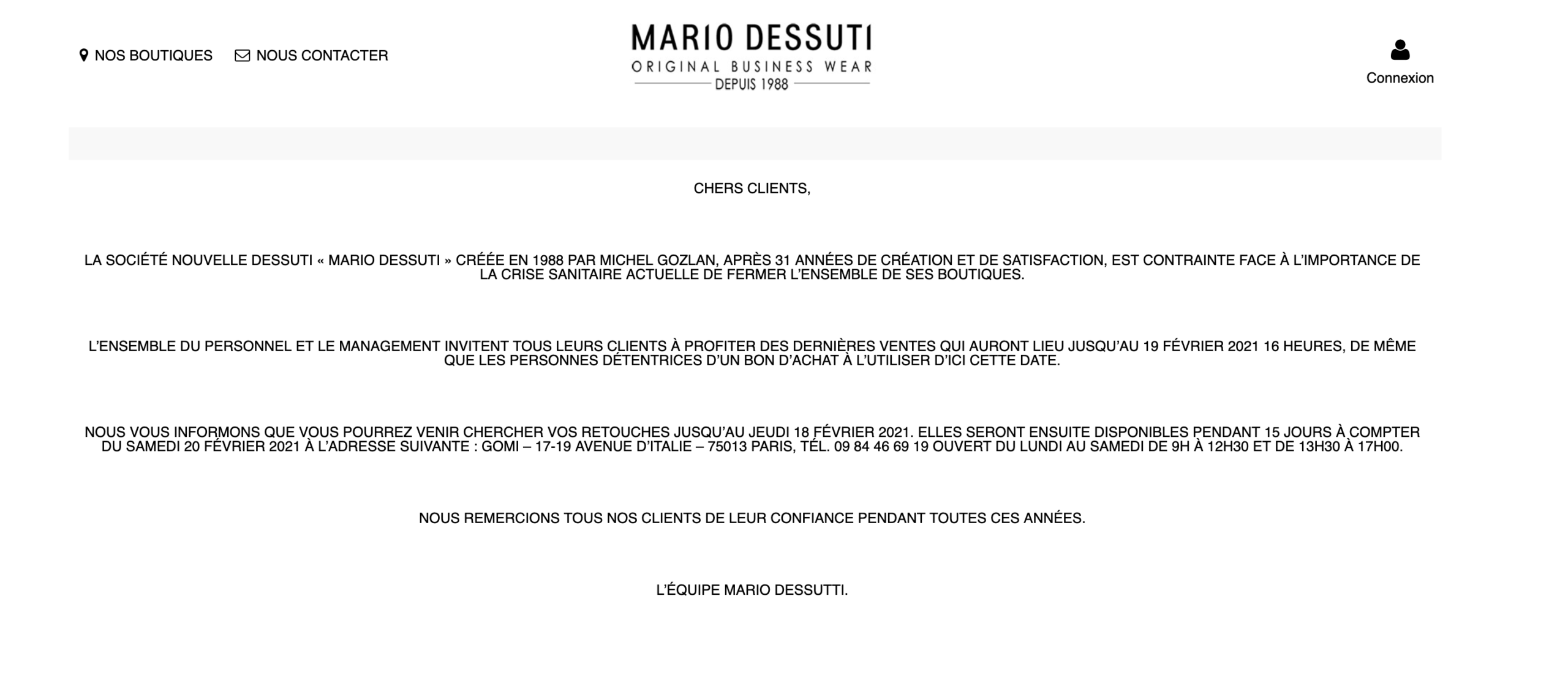 Le site internet de Mario Dessuti annonçant le redressement judiciaire de la marque (Source: Mario Dessuti)