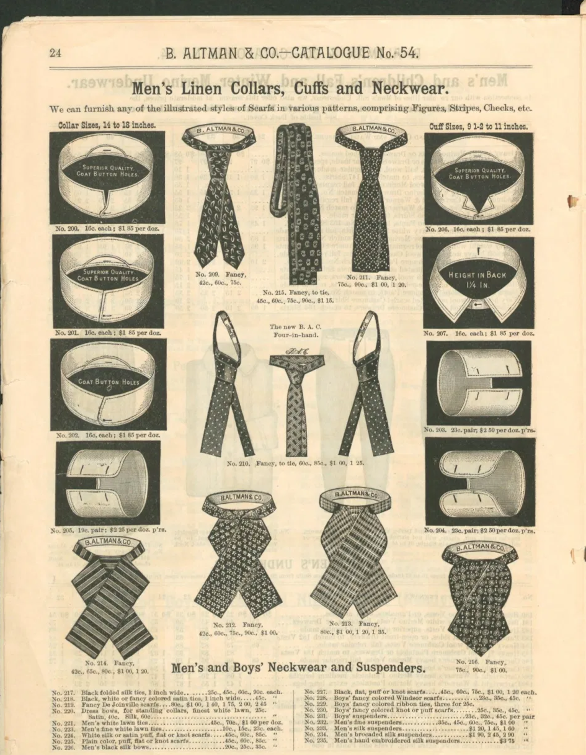 Une page provenant d'un catalogue du magasin B. Altman &amp; Company illustrant au milieu les nouveaux "four-in-hand". (Source: Harvard Library)