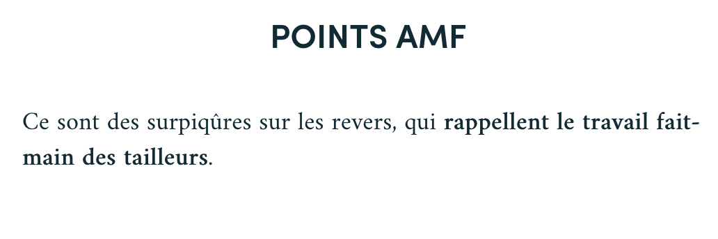 Petit bonus, la surpiqure AMF comme outil de marketing puisqu’elle évoque l’idée du travail tailleur et donc la qualité. Il n’y a pas besoin de dire d’où vient l’image, vous avez compris qu’il y a des moustaches, du tutoiement et des sales gueules. 