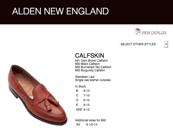 Sans surprise, sur le site d’Alden le modèle 561 est décrit comme étant en calfskin marron…. On applaudit bien fort les 7 couillons qui sont en train d’enchérir sur la paire. (Source: Alden)