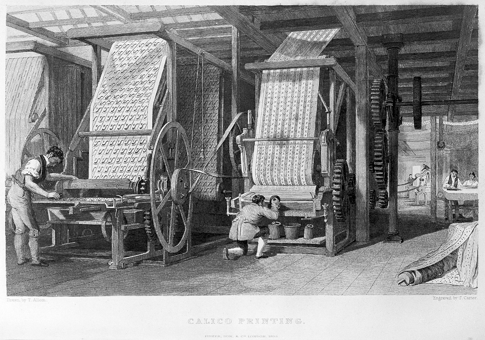 La révolution industrielle a mécanisé l’impression par blocs avec les premières machines. Le principe reste le même, mais à la place de blocs de bois on utilise des motifs forgés dans du métal. (Source : Wikimedia)