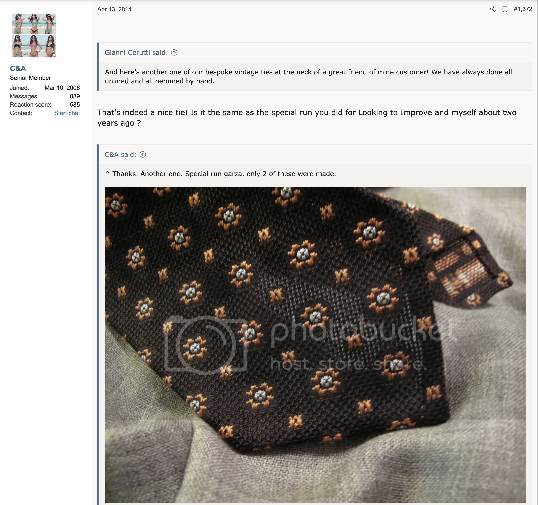 Cravate réalisée dans un tissus qu’il avait déjà utilisé deux ans auparavant pour un autre client, qui malheureusement pour Gianni fréquente Styleforum sous le pseudonyme de C&A. (Source : Styleforum)