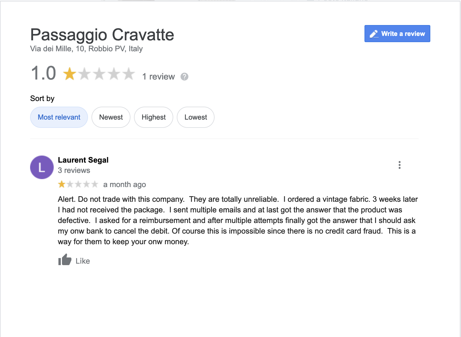 À en croire cet avis laissé en Juillet 2021 sur Google review par un utilisateur mécontent, Gianni exerce toujours son art. (Source: Google)