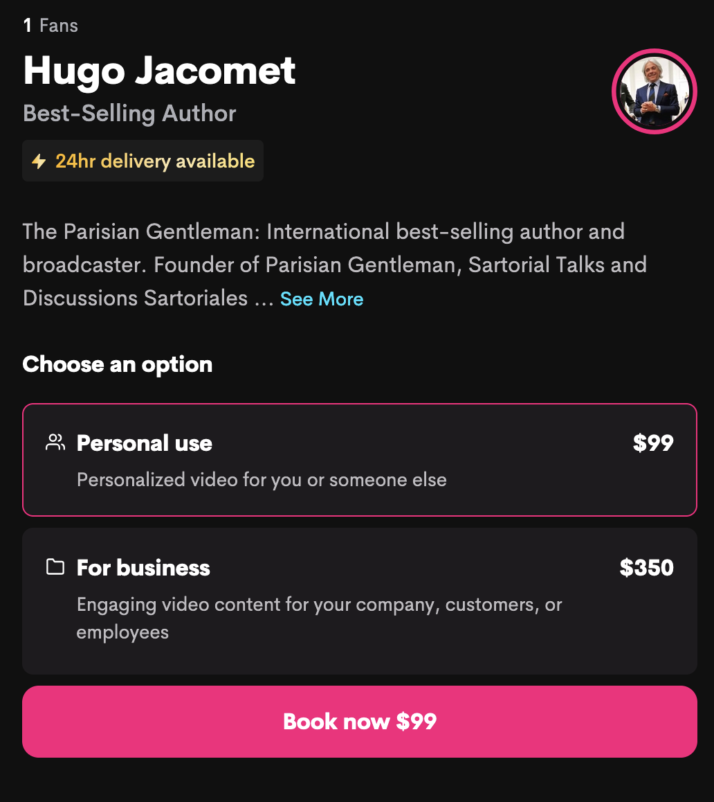 Hugo Jacomet a récemment lancé un compte Cameo, pour la modique somme de 99€ il vous enverra un message vidéo personnalisé. Lubrifiant non inclus. (Source : Cameo)