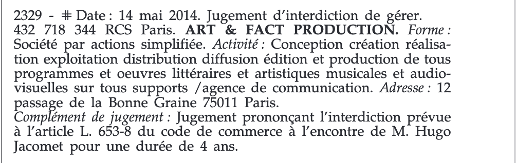 Témoin de publication de l’interdiction de gestion concernant Mr Hugo Jacomet. (Source : Bodacc)