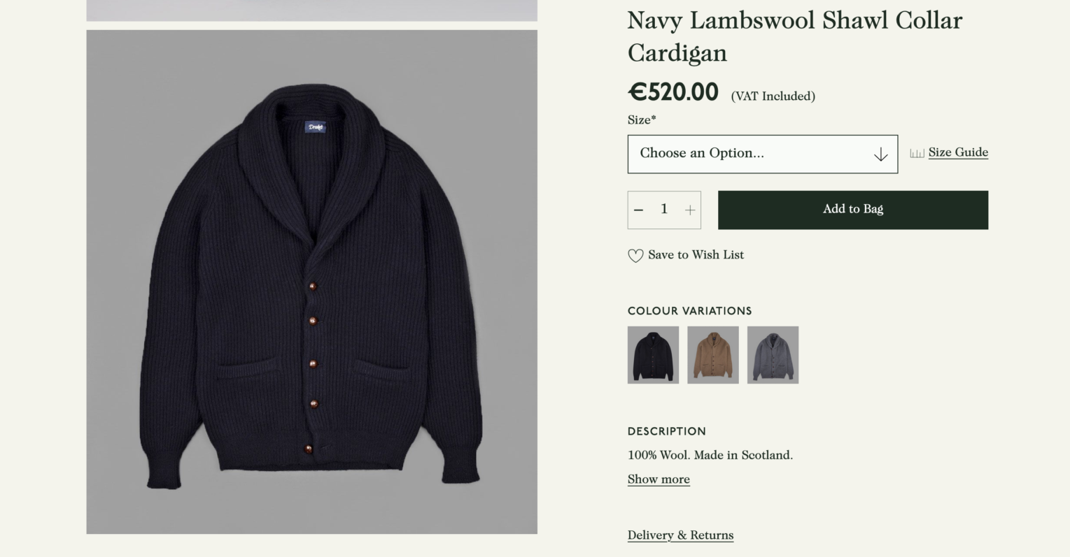 Le Cardigan Drake’s à 520€ (Source : Drake’s)