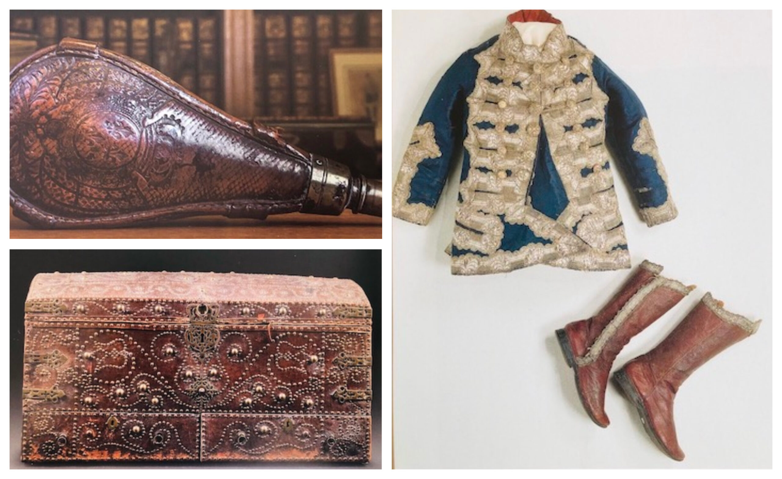 (En haut à gauche) Poire à poudre supposée être en cuir de Russie, période Louis XIII. (En bas à gauche) Coffre en cuir de Russie, XVIème siècle. (À droite) Bottes en cuir de Russie de Guillaume V d'Orange-Nassau. (Source : Mémoire du tan)