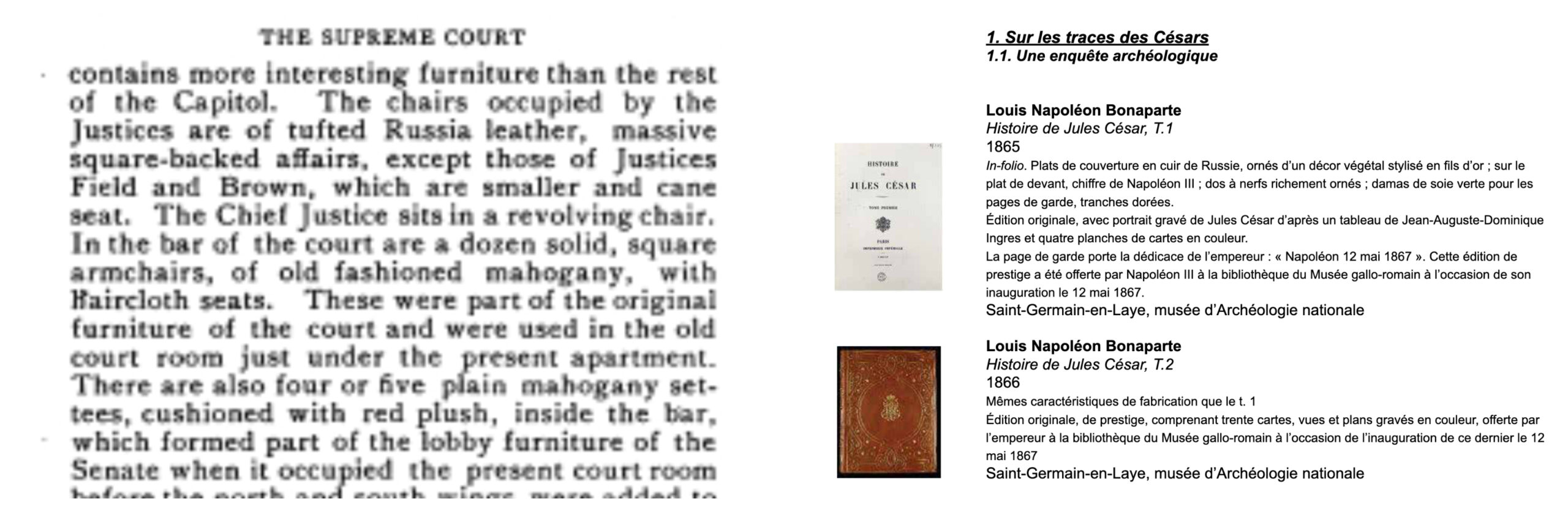 (À gauche) Compte rendu du mobilier présent dans la Cour suprême des États-Unis faisait état de chaises en cuir de Russie.  (À droite). Histoire de Jules César par Napoléon III T1 et T2 relié en cuir de Russie. (Source : the Decorator and Furnisher vol.26, musée d’Archéologie nationale)