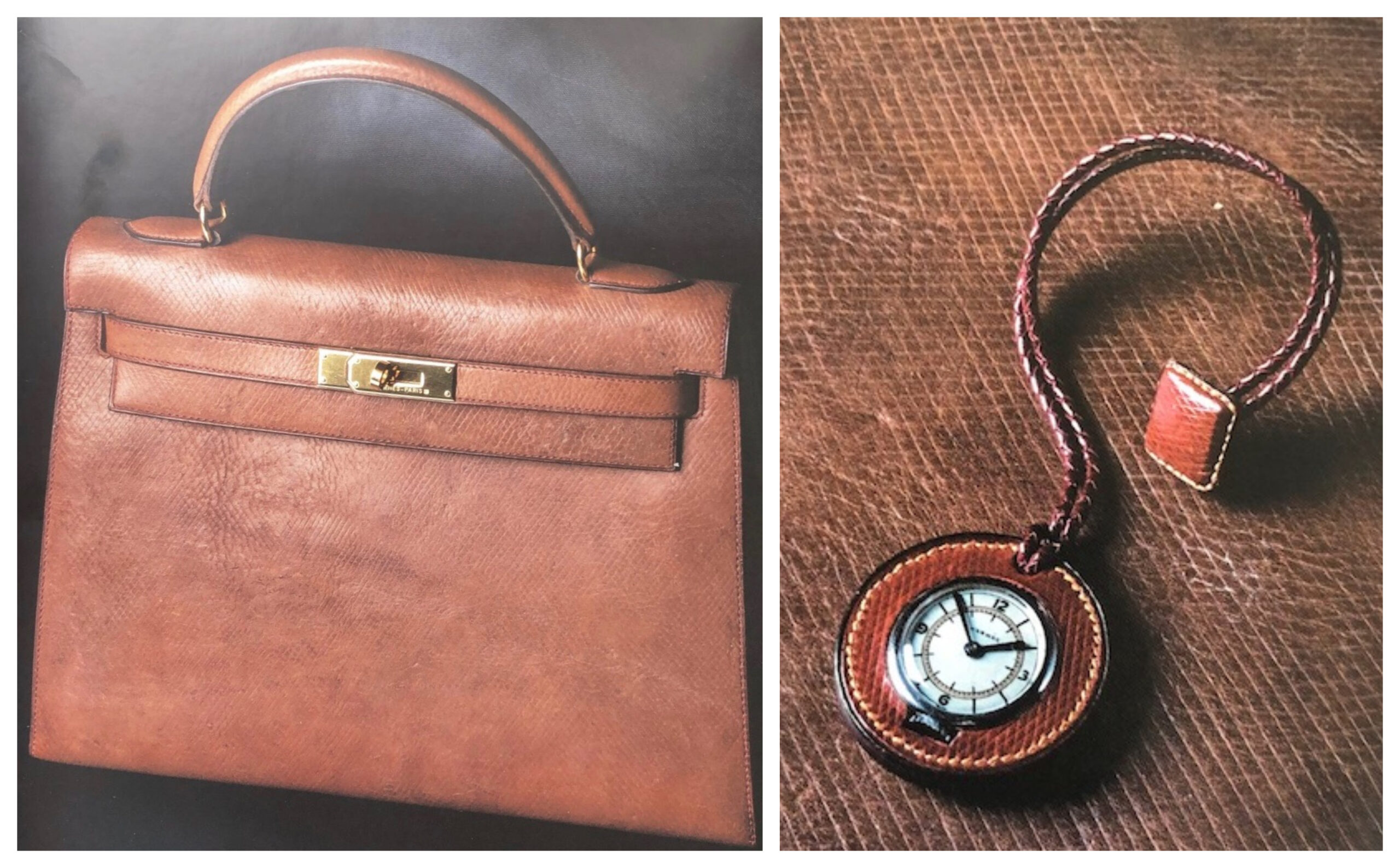 Sac Hermès Kelly et Squelette boutonnière, réalisés en cuir de Russie provenant de l’épave du Metta Catharina. Ces objets sont aujourd’hui au conservatoire Hermès de Pantin. (Source : mémoire du tan)