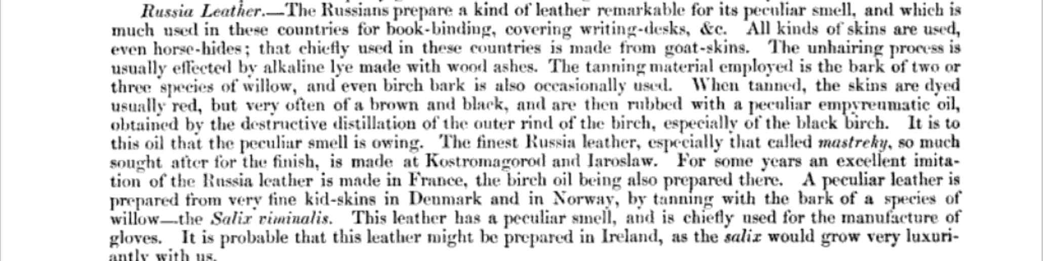 Description complète du cuir de Russie dans l’ouvrage The Resources and Manufacturing Industry of Ireland As Illustrated by the Exhibition of 1853.