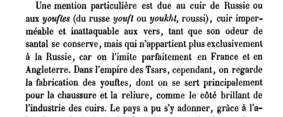 Extrait de L'Empire des tsars au point actuel de la science mentionnant les imitations Européennes du cuir de Russie.