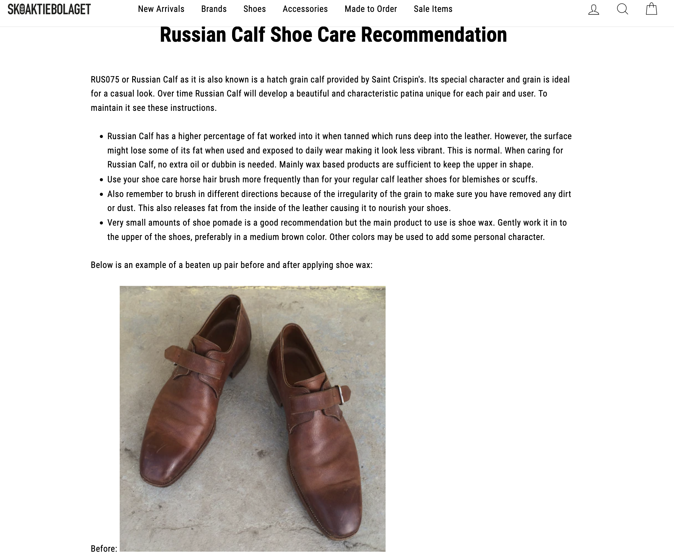 Les recommandations de Skoaktiebolaget quant à l'entretien des chaussures en "cuir de Russie" de St Crispin's. (Source:Skoaktiebolaget)