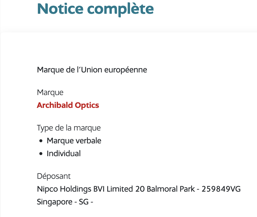 Archibald Optics a une domiciliation intéressante... c'est pas mal ça, Singapour. (Source: INPI)