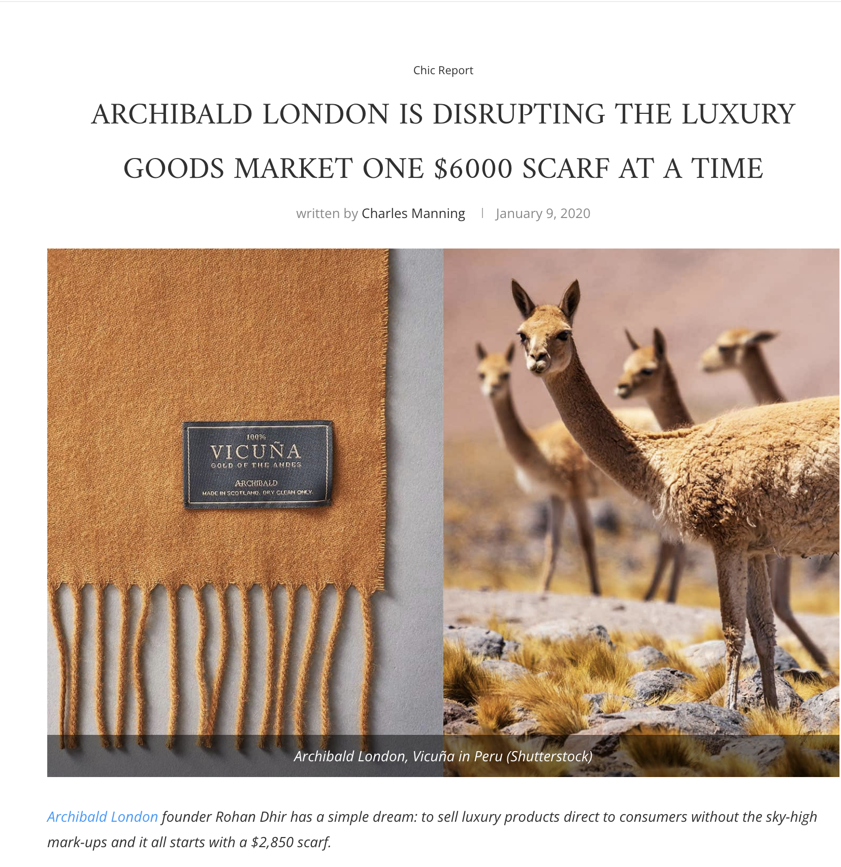 L’écharpe en "vigogne" d'Archibald London qui bénéficie des faveurs de la presse. Notez encore une fois le titre disruptif. (Source: fashionweekdaily)