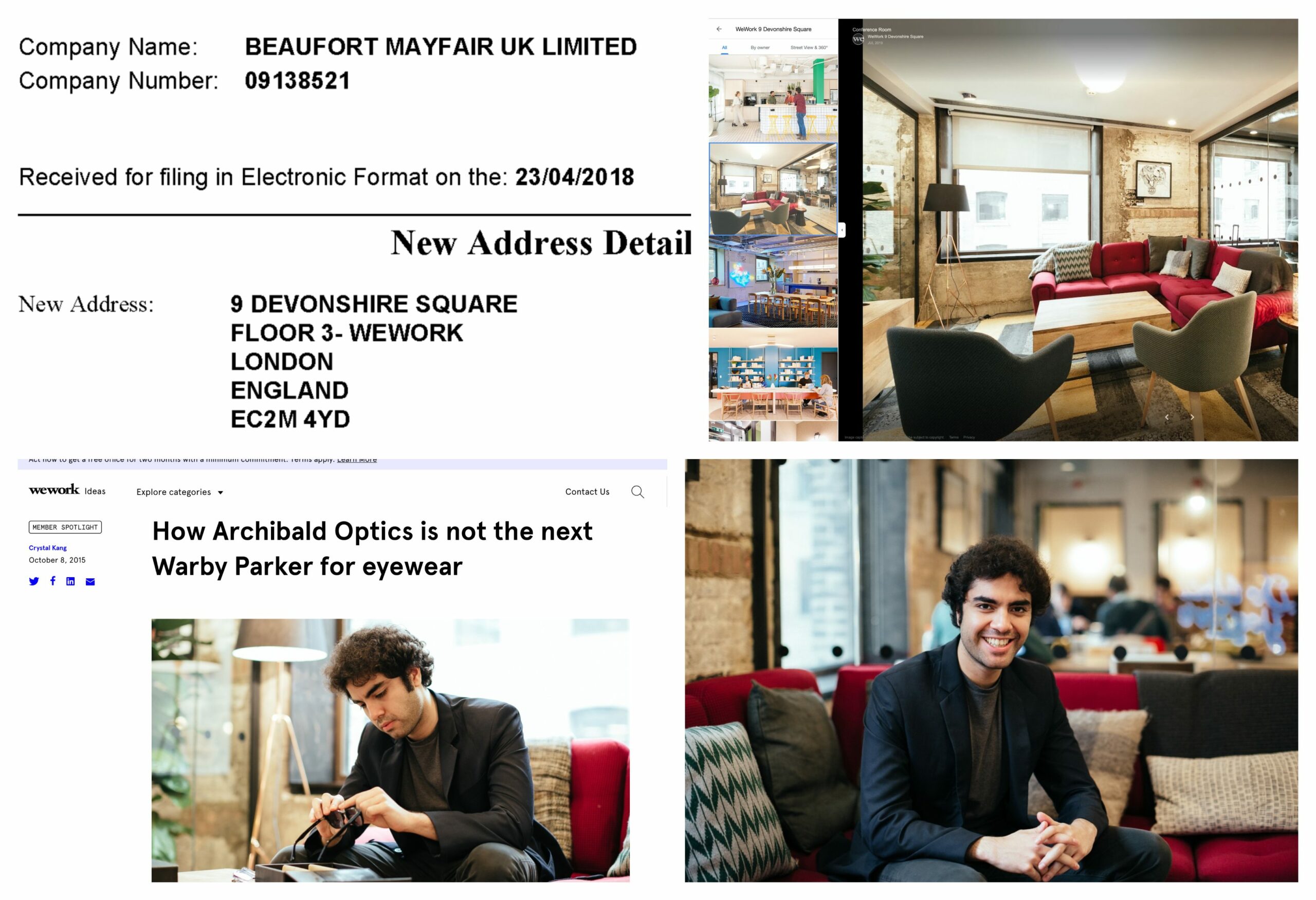 L’adresse listée par Beaufort Mayfair correspond à un espace de coworking à Londres. Avec un beau canapé rouge. Pourquoi est-ce que Rohan conduit des interviews pour Archibald (en bas à gauche) à partir de cette location s'il ne s'agit pas du siège de la société? (Source: Company House/ wework)