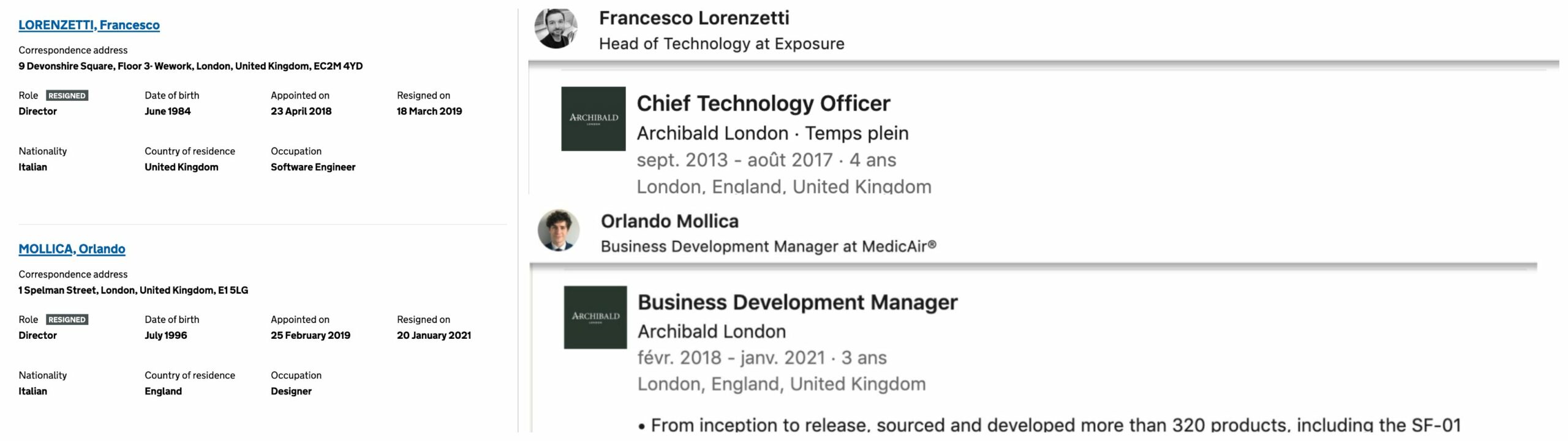 Les associés listés par Beaufort Mayfair ont Archibald London comme emplois sur Linkedin. Mais en dehors de ça "aucun lien". Ça doit être des homonymes. (Source Company house/linkedin)