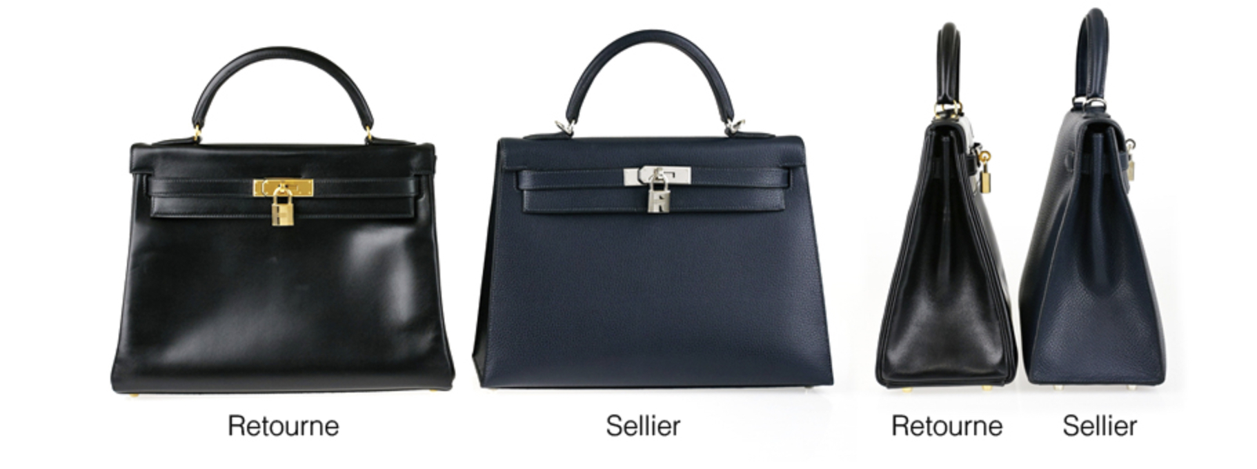 C’est dans les années 80 qu’Hermès se met à proposer deux versions de son sac Kelly. L’un rigide dit “sellier” et l’autre souple dit “retourné”. (Source : yoogiscloset)