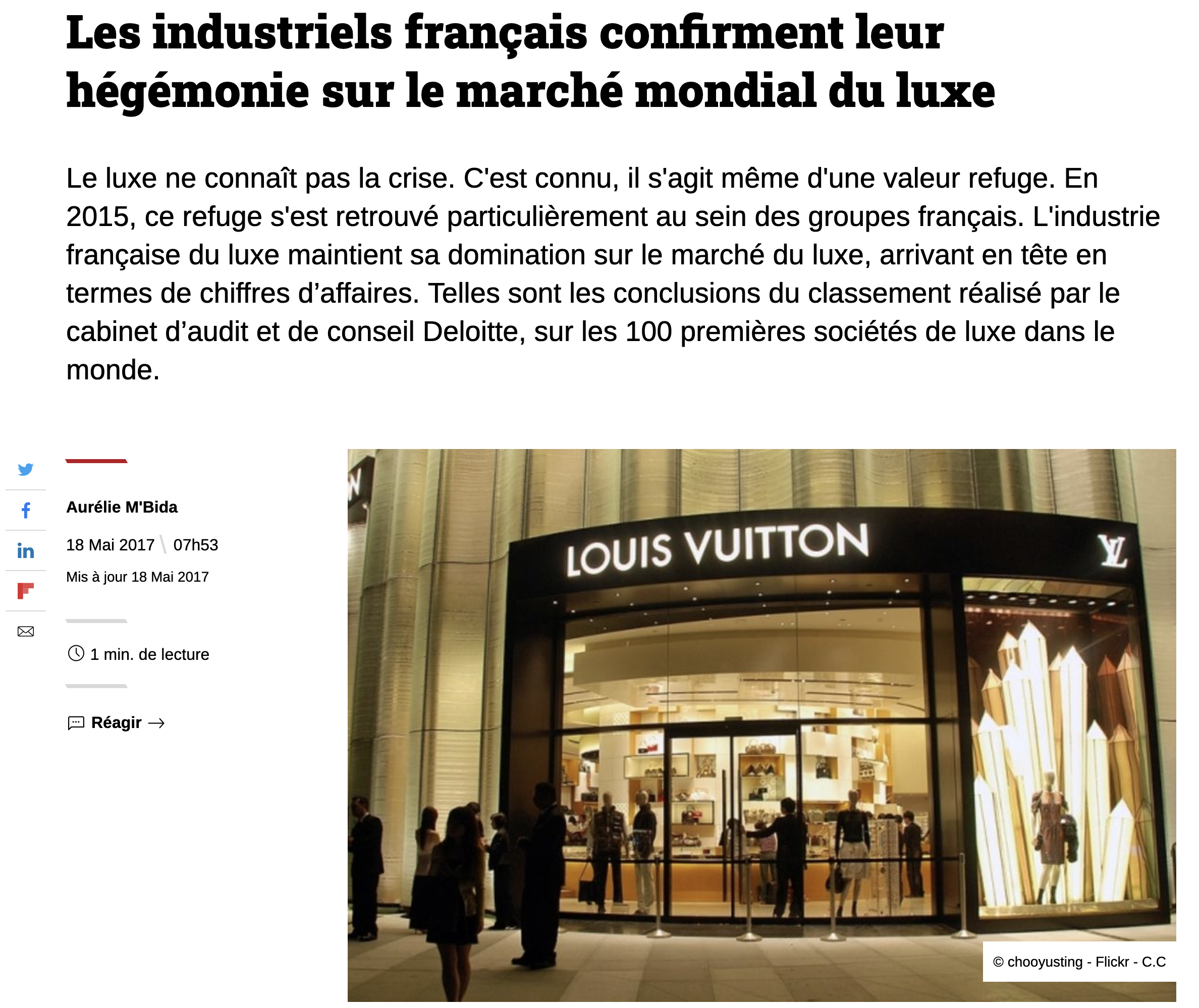 Le comité Colbert peut être fier, son objectif originel : faire de l’industrie du luxe Française une référence est aujourd’hui réalisé. (Source : usinenouvelle)