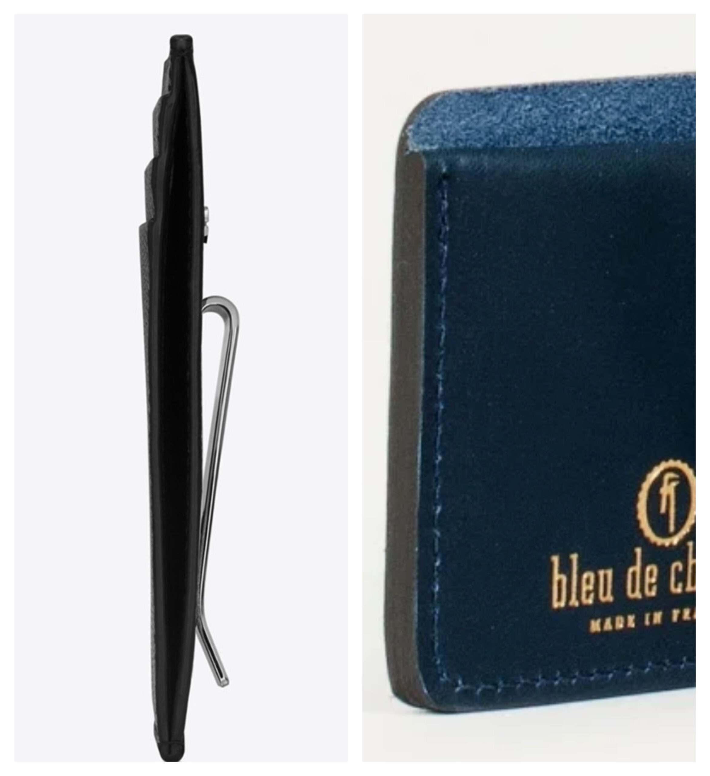 Deux exemples de l'effet "boudin" causé par une absence de parage sur des porte-cartes. Celui de gauche est un modèle de chez YSL, l'épaisseur est de 5mm. À droite un parpaing Bleu de Chauffe qui doit largement dépasser le centimètre. Sur un porte-carte au delà de 3mm en tranche on est sur du (gros) foutage de gueule. (Source: YSL/Bleu de chauffe)