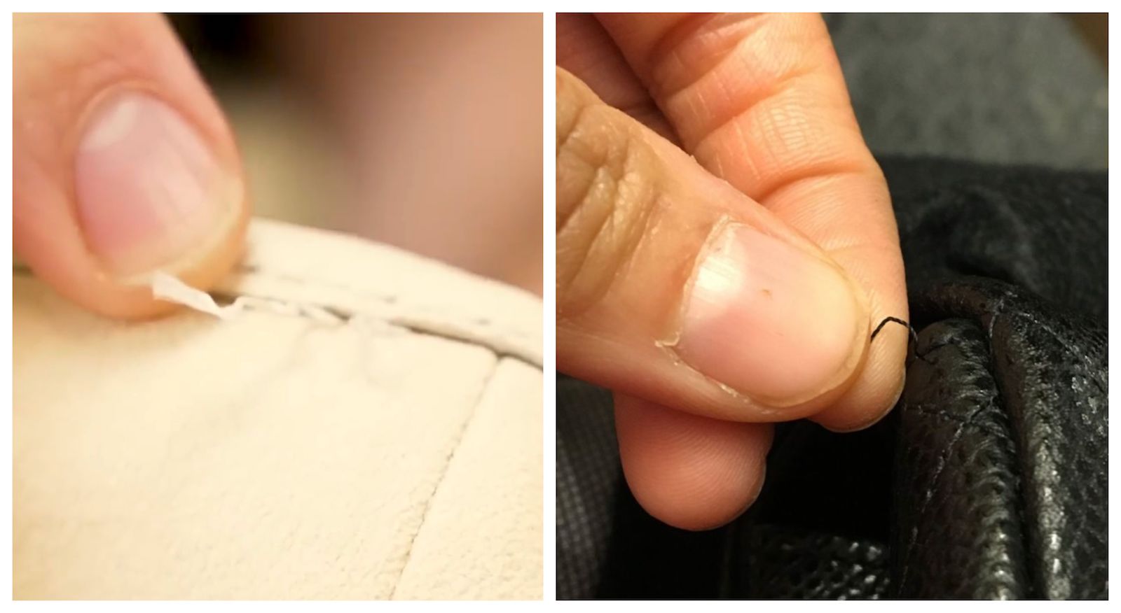 Fils qui n’ont pas été coupés/brulés par l’ouvrière une fois sa couture terminée sur un sac Vuitton (à gauche) et Chanel (à droite)
