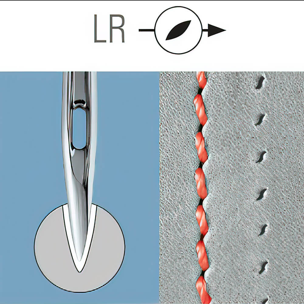 Une couture machine avec angle réalisée avec une anguille losangique. Le fil suit toujours la forme du trou. Comparez avec l’image précédente pour bien voir la façon dont le fil se comporte et comme cela affecte l’angle de la couture (Source sailrite)