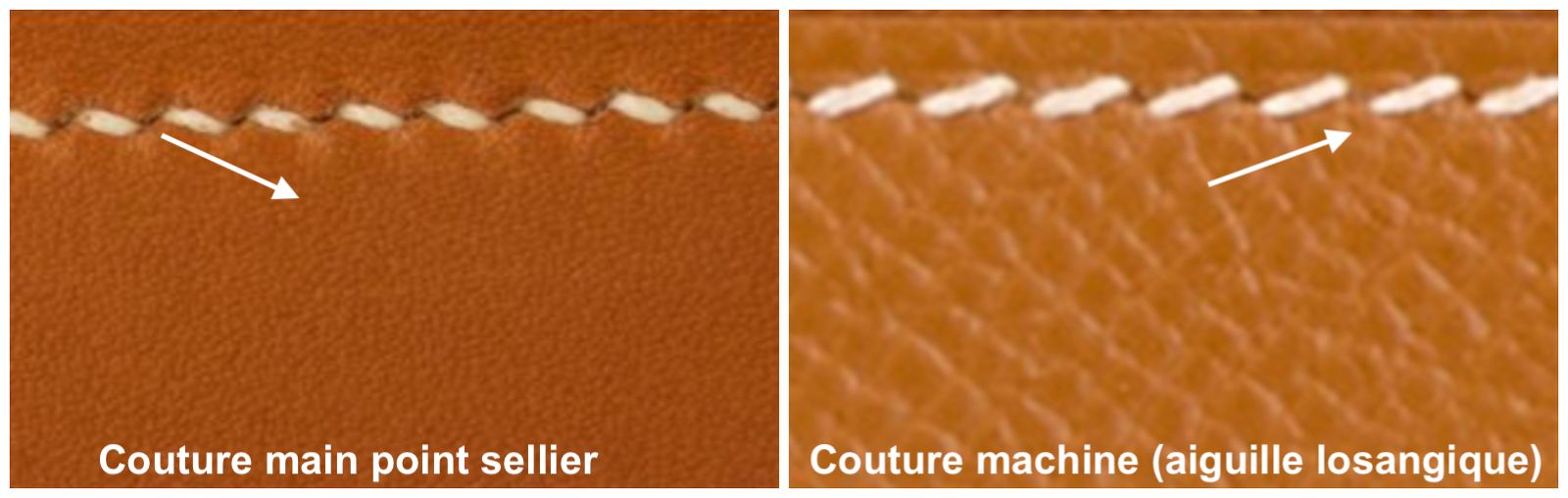 Comparaison entre une couture main point sellier à gauche et une piqure machine à droite. (Source : Sartorialisme)