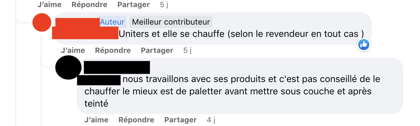 Une discussion comme on en voit souvent sur les réseaux sociaux qui évoquent la maroquinerie. L’intervenant masqué en rouge mentionne que la peinture Uniters se chauffe (ce qui est correct et confirmé par le fabricant). L’intervenant masqué en noir dit que ça n’est pas conseillé. C’est faux. Mais d’où vient le “savoir-faire” de cette personne… (Source : facebook)