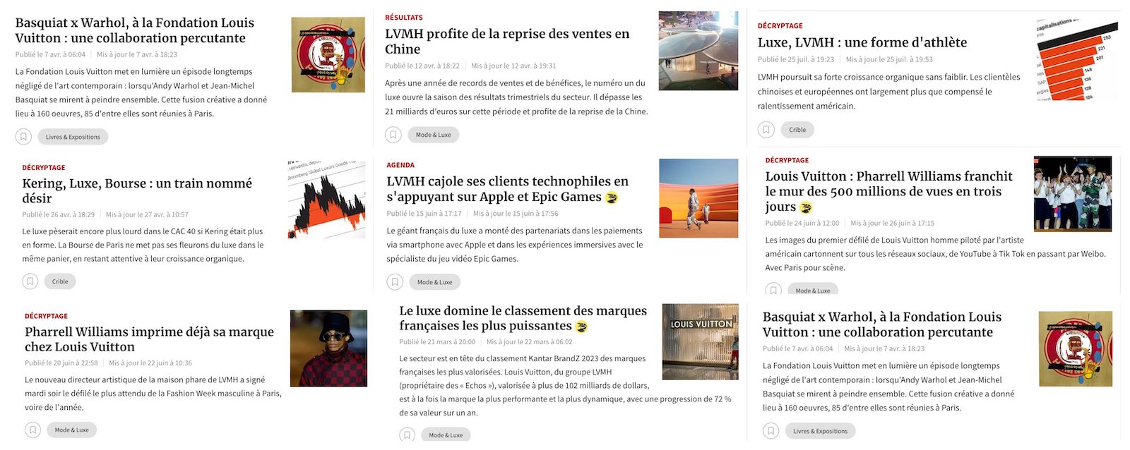 Petit florilège des articles sur LVMH/Vuitton dans les Echos. La brosse à reluire fonctionne pas mal. Pourquoi n’y a-t-il pas d’article sur les fondations d’art du propriétaire ou sur sa pratique habile de l’optimisation fiscale ? C’est de l’économie non ? (Source : lesechos)