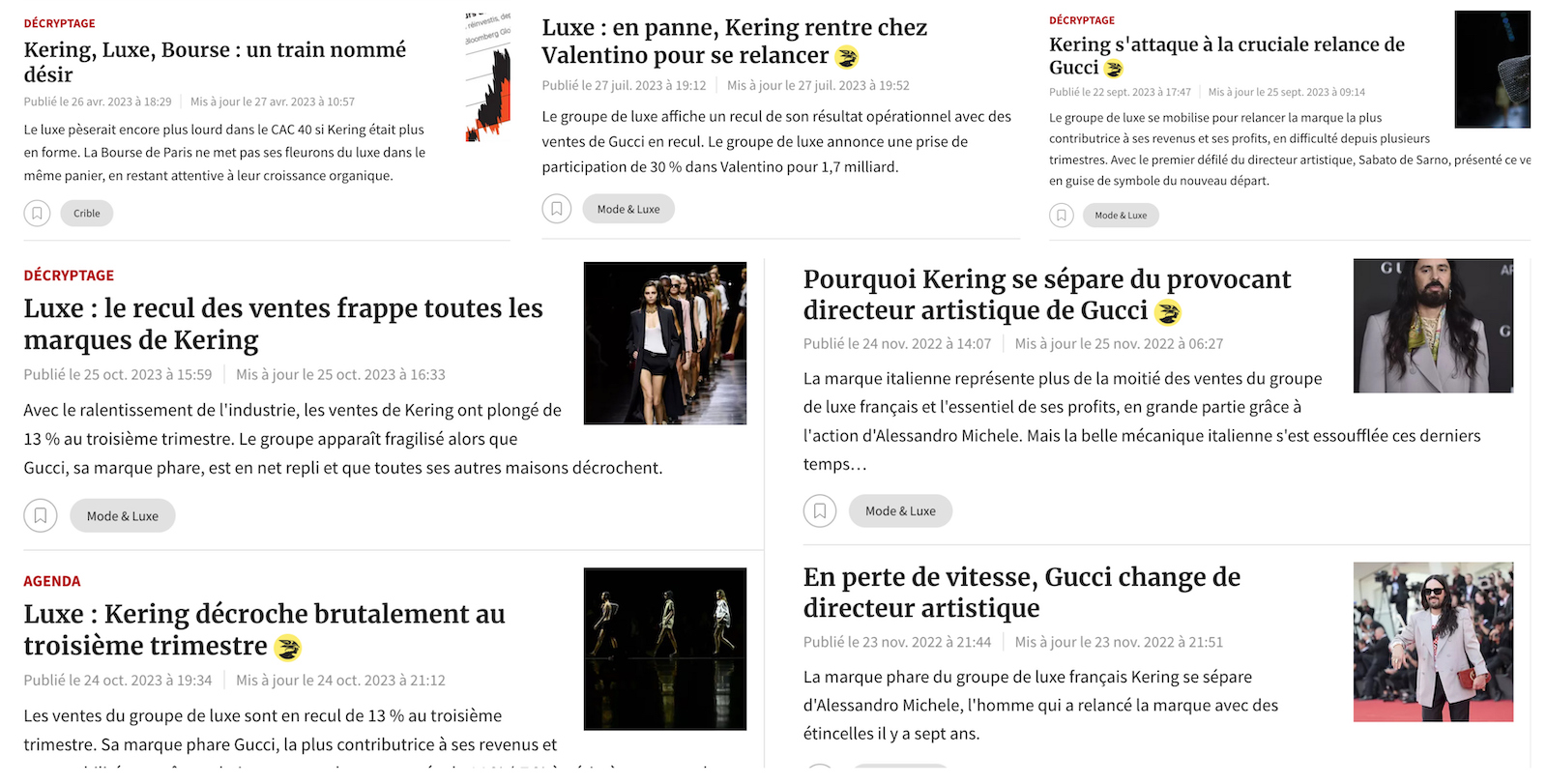 Bonus : assez peu critique envers LVMH (voire pas du tout) les Echos se payent en revanche le concurrent Kering. (Source : lesechos)