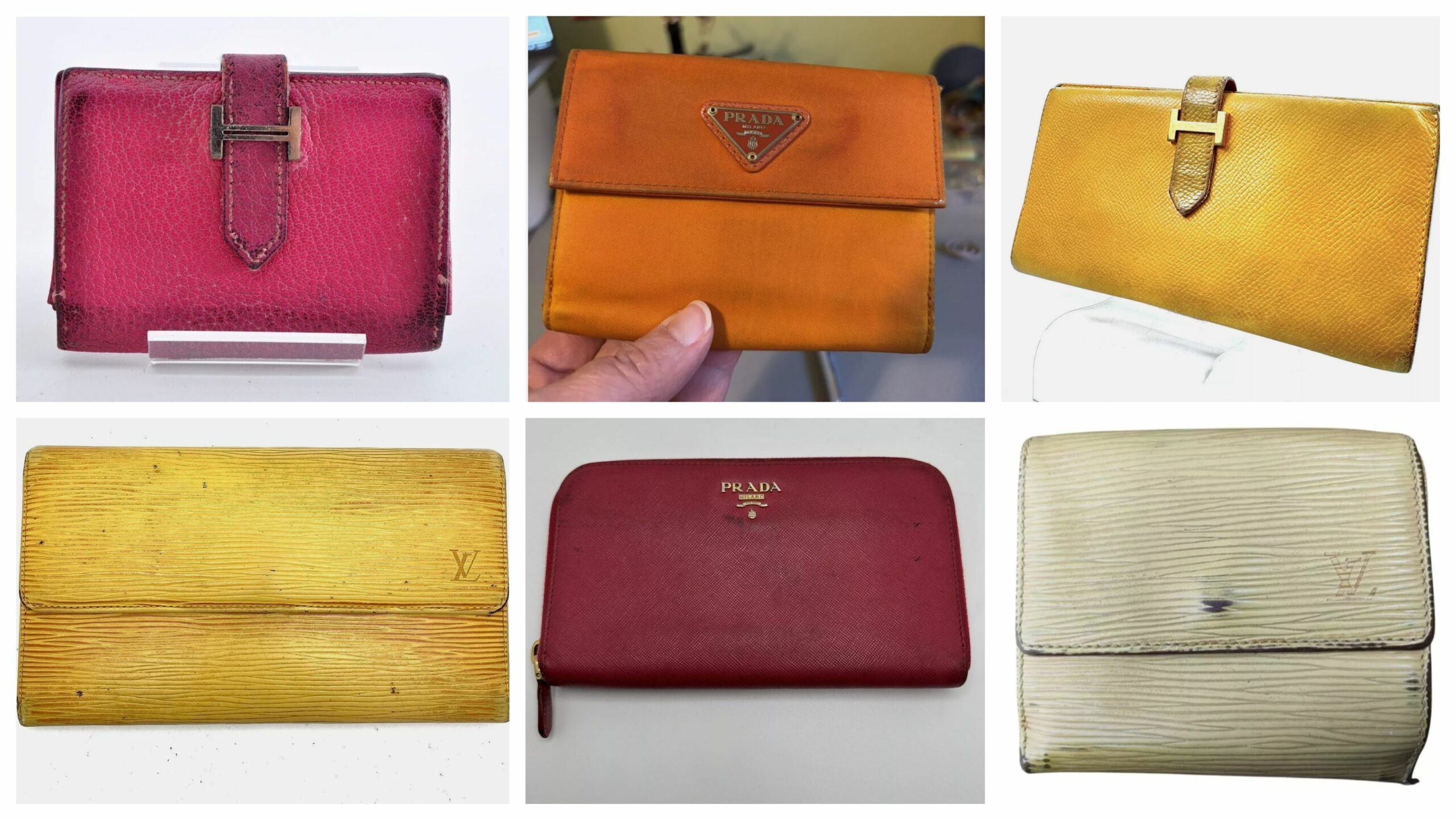 En général, voilà à quoi ressemble un portefeuille avec un cuir pigmenté après quelques années d’utilisation. Vous avez un peu de tout, du Hermès, Vuitton, Prada… (Source : Ebay)

